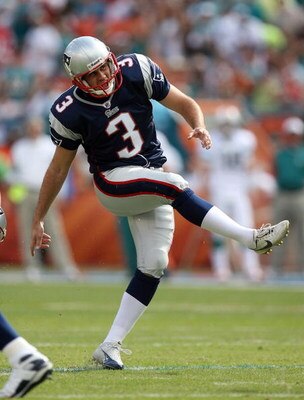 MIAMI - NOVEMBER 23:  Place kicker Stephen Gostkowski #3 of the New England Patriots follows through on a field goal while taking on the Miami Dolphins at Dolphin Stadium on November 23, 2008 in Miami, Florida. The Patriots defeated the Dolphins 48-28.  (