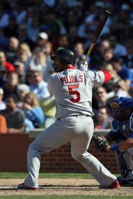 CHICAGO - APRIL 17:  Albert Pujols #5 of the St. Louis Cardinals bats against the Chicago Cubs on April 17, 2009 at Wrigley Field in Chicago, Illinois. (Photo by Jonathan Daniel/Getty Images) 