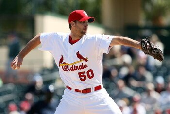JUPITER, FL - MARCH 02:  Starting pitcher Adam Wainwright #50 of the St. Louis Cardinals pitches against the Tampa Bay Rays during a spring training game at Roger Dean Stadium on March 2, 2009 in Jupiter, Florida. The Rays defeated the Cardinals 8-5.  (Ph