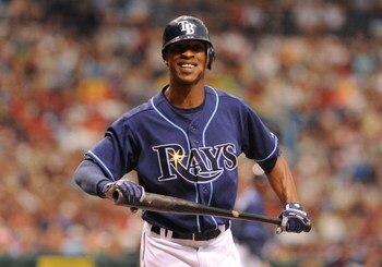 ST. PETERSBURG, FL - MAY 3: Outfielder B. J. Upton #2 of the Tampa Bay Rays reacts to a called strike against the Boston Red Sox May 3, 2009 at Tropicana Field in St. Petersburg, Florida. (Photo by Al Messerschmidt/Getty Images)