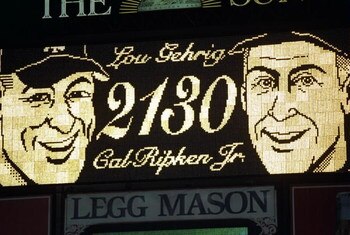 5 Sep 1995:  General view of scoreboard at a game between the Baltimore Orioles and the California Angels at Camden Yards in Baltimore, Maryland showing shortstop Cal Ripken has tied Lou Gehrig''s record for number of consecutive games played at 2130.  Th