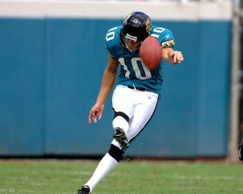 Jacksonville Jaguars kicker Josh Scobee follows thrugh on a kickoff  against the Denver Broncos October 2, 2005 in Jacksonville. The Broncos defeated the Jaguars 20 - 7.  (Photo by Al Messerschmidt/Getty Images)