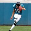 Jacksonville Jaguars kicker Josh Scobee follows thrugh on a kickoff  against the Denver Broncos October 2, 2005 in Jacksonville. The Broncos defeated the Jaguars 20 - 7.  (Photo by Al Messerschmidt/Getty Images)