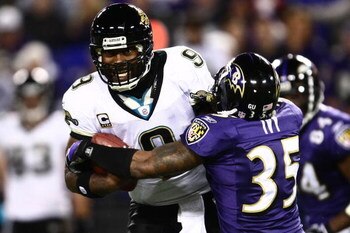 BALTIMORE - DECEMBER 28: David Garrand #9 of the Jacksonville Jaguars is sacked by Corey Ivy #35 of the Baltimore Ravens during the game on December 28, 2008 at M&T Bank Stadium in Baltimore, Maryland. (Photo by Chris McGrath/Getty Images)