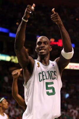 BOSTON - JUNE 17:  Kevin Garnett #5 of the Boston Celtics reacts while taking on the Los Angeles Lakers in Game Six of the 2008 NBA Finals on June 17, 2008 at TD Banknorth Garden in Boston, Massachusetts. NOTE TO USER: User expressly acknowledges and agre