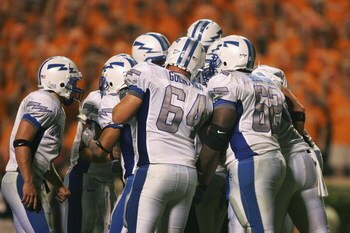 KNOXVILLE, TN - SEPTEMBER 9:    The Air Force Academy Falcons offense huddles just before scoring their final touchdown against the University of Tennessee Volunteers on September 9, 2006 at Neyland Stadium in Knoxville, Tennessee. Tennessee won 31-30.  (