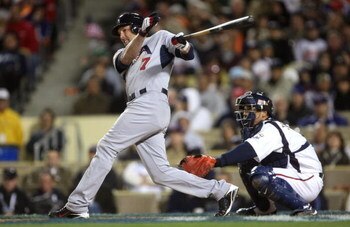 LOS ANGELES - MARCH 22: Mark DeRosa #7 of the United States doubled to deep left to score to runs in the eighth inning of the semifinal game of the 2009 World Baseball Classic Japan on March 22, 2009 at Dodger Stadium in Los Angeles, California. (Photo by