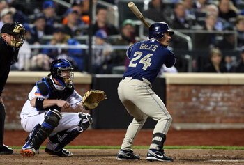 NEW YORK - APRIL 13:  Brian Giles #24 of the San Diego Padres bats against the New York Mets on April 13, 2009 at Citi Field in the Flushing neighborhood of the Queens borough of New York City.This is the first regular season MLB game being played at the 