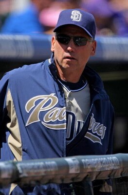 DENVER - APRIL 29:  Manager Bud Black #20 of the San Diego Padres watches the action from the dugout against the Colorado Rockies during MLB action at Coors Field on April 29, 2009 in Denver, Colorado. The Rockies defeated the Padres 7-5.  (Photo by Doug 