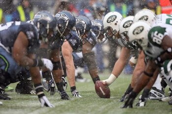 SEATTLE - DECEMBER 21:  The Seattle Seahawks defence lines up against the New York Jets offensive line on December 21, 2008 at Qwest Field in Seattle, Washington. The Seahawks defeated the Jets 13-3. (Photo by Otto Greule Jr/Getty Images)