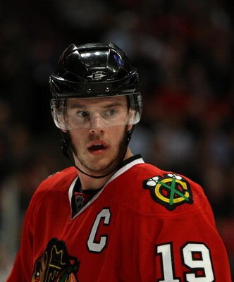 CHICAGO - MAY 22:  Jonathan Toews #19 of the Chicago Blackhawks looks on against the Detroit Red Wings during Game Three of the Western Conference Championship Round of the 2009 Stanley Cup Playoffs on May 22, 2009 at the United Center in Chicago, Illinoi