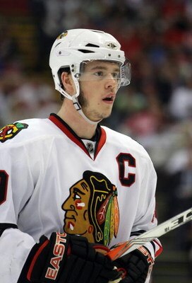 DETROIT - MAY 19:  Jonathan Toews #19 of the Chicago Blackhawks looks on against the Detroit Red Wings during Game Two of the Western Conference Championship Round of the 2009 Stanley Cup Playoffs on May 19, 2009 at Joe Louis Arena in Detroit, Michigan. T