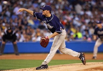 NEW YORK - JUNE 18: Jake Peavy #44 of the San Diego Padres pitches against the New York Yankees at Yankee Stadium June 18, 2008 in the Bronx borough of New York City. The Yankees defeated the Padres 8-5. (Photo by Jim McIsaac/Getty Images) 
