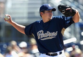 PEORIA, AZ - MARCH 07:  Starting pitcher Josh Geer #52 of the San Diego Padres pitches against the Oakland Athletics during the spring training game at Peoria Stadium on March 7, 2009 in Peoria, Arizona. The A's defeated the Padres 15-6.  (Photo by Christ