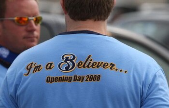 MILWAUKEE - APRIL 04: A Milwaukee Brewer fan wears a t-shirt saying 'I'm a Believer' while tailgating in the parking lot before the Opening Day game between the Brewers and the San Francisco Giants on April 4, 2008 at Miller Park in Milwaukee, Wisconsin. 