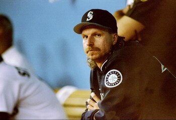 8 Oct 1995:  Pitcher Randy Johnson of the Seattle Mariners looks on during a game against the New York Yankees at the Kingdome in Seattle, Washington.  The Mariners won the game 6-5. Mandatory Credit: Stephen Dunn  /Allsport