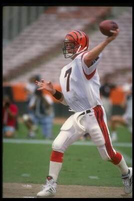 7 Oct 1990: Quarterback Boomer Esiason of the Cincinnati Bengals looks to pass the ball during a game against the Los Angeles Rams at Anaheim Stadium in Anaheim, California. The Bengals won the game, 34-31.