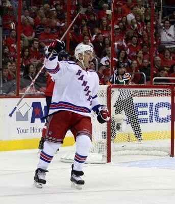 WASHINGTON - APRIL 18: Ryan Callahan #24 of the New York Rangers scores at 7:44 of the first period against the Washington Capitals during Game Two of the Eastern Conference Quarterfinal Round of the 2009 NHL Stanley Cup Playoffs at Verizon Center on Apri