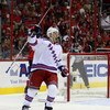 WASHINGTON - APRIL 18: Ryan Callahan #24 of the New York Rangers scores at 7:44 of the first period against the Washington Capitals during Game Two of the Eastern Conference Quarterfinal Round of the 2009 NHL Stanley Cup Playoffs at Verizon Center on Apri