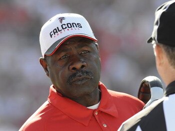 TAMPA, FL - DECEMBER 16: Coach Emmitt Thomas of the Atlanta Falcons questions a call during play against the Tampa Bay Buccaneers at the Raymond James Stadium  on December 16, 2007 in Tampa, Florida.  The Bucs won 37 - 3. (Photo by Al Messerschmidt/Getty 