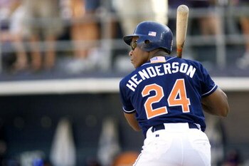 7 Oct 01:   San Diego Padres outfielder Rickey Henderson #24 awaits the pitch that he would double on for his 3000th hit versus the Colorado Rockies in their game at Qualcomm Stadium in San Diego, California.  The Rockies won 14-5.  DIGITAL IMAGE Mandator