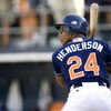 7 Oct 01:   San Diego Padres outfielder Rickey Henderson #24 awaits the pitch that he would double on for his 3000th hit versus the Colorado Rockies in their game at Qualcomm Stadium in San Diego, California.  The Rockies won 14-5.  DIGITAL IMAGE Mandator