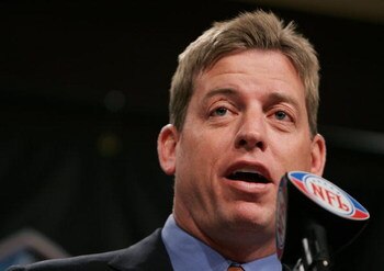 DETROIT - FEBRUARY 4:  Quarterback Troy Aikman speaks during a press conference after being elected to the NFL Hall of Fame February 4, 2006 at the Renaissance Center in Detroit, Michigan.  (Photo by Jonathan Daniel/Getty Images)