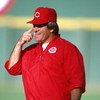 SAN DIEGO, CA - 1986:  Pete Rose #14 of the Cincinnati Reds points to his head during batting practice prior to the game against the San Diego Padres at Jack Murphy Stadium during the 1986 MLB season in San Diego, California.  (Photo by Stephen Dunn/Getty
