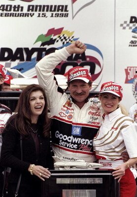 DAYTONA BEACH - FEBRUARY 15:  Dale Earnhardt Sr. driver of the #3 GM Goodwrench Chevrolet and wife Teresa celebrate victory with the trophy after the Nascar Daytona 500 on February 15, 1998 at the Daytona International Speedway in Daytona Beach, Florida. 