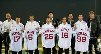 DAYTONA, FL - FEBRUARY 14:  Matt Kenseth, David Ragan, Jamie McMurray, Josh Beckett, Greg Biffle, Tim Wakefield, Carl Edwards and Mike Timlin poses for photos at a press conference announcing the partnership between Roush Racing and Fenway Sports Group at