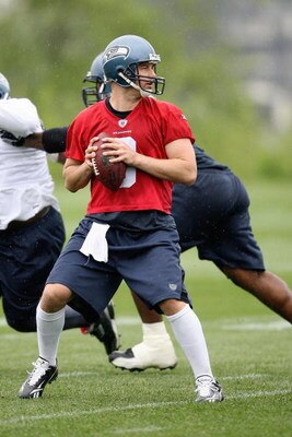 RENTON, WA - MAY 2:  Matt Hasselbeck #8 of the Seattle Seahawks drops back to pass during minicamp at the Seahawks training facility on May 2, 2009 in Renton, Washington. (Photo by Otto Greule Jr/Getty Images) 