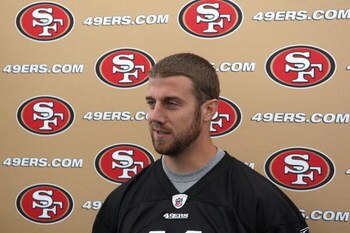 SANTA CLARA, CA - MAY 01:  Quarterback Alex Smith #11 of the San Francisco 49ers talks with the media during the 49ers Minicamp at their training facilities on May 1, 2009 in Santa Clara, California.  (Photo by Jed Jacobsohn/Getty Images)