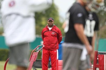 SANTA CLARA, CA - MAY 01:  Head coach Mike Singletary of the San Francisco 49ers looks on during the 49ers Minicamp at their training facilities on May 1, 2009 in Santa Clara, California.  (Photo by Jed Jacobsohn/Getty Images)