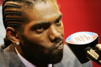 GLENDALE, AZ - FEBRUARY 03:  Randy Moss #81 of the New England Patriots answers questions after losing to the New York Giants 17-14 in Super Bowl XLII on February 3, 2008 at the University of Phoenix Stadium in Glendale, Arizona.  (Photo by Streeter Lecka
