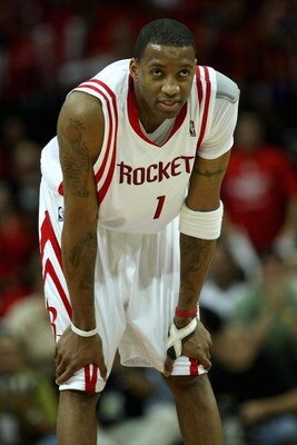 HOUSTON - APRIL 19:  Tracy McGrady #1 of the Houston Rockets looks across the court in Game One of the Western Conference Quarterfinals against the Utah Jazz during the 2008 NBA Playoffs on April 19, 2008 at the Toyota Center in Houston, Texas.  The Jazz 