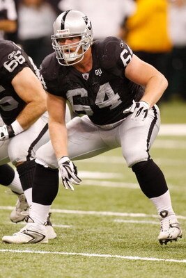 NEW ORLEANS - OCTOBER 12:  Jake Grove #64 of the Oakland Raiders plays against the New Orleans Saints during their NFL game on October 12, 2008 at the Superdome in New Orleans, Louisiana. The Saints defeated the Raiders 34-3.  (Photo by Chris Graythen/Get