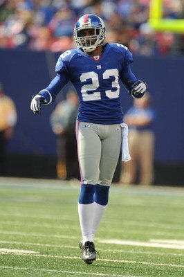 EAST RUTHERFORD, NJ - OCTOBER 05:  Corey Webster #23  of the New York Giants plays against the Seattle Seahawks during their game on October 5, 2008 at Giants Stadium in East Rutherford, New Jersey.  (Photo by Al Bello/Getty Images)