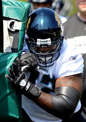 JACKSONVILLE, FL - MAY 1:  Tackle Tra Thomas #72 of the Jacksonville Jaguars pushes a blocking sled May 1, 2009 at a team minicamp near Jacksonville Municipal Stadium in Jacksonville, Florida.  (Photo by Al Messerschmidt/Getty Images)