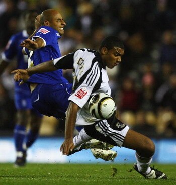 DERBY, UNITED KINGDOM - SEPTEMBER 30:  Miles Addison of Derby and Medhi Nafti of Birmingham challneg for the ball during the Coca-Cola Championship match between Derby County and Birmingham City at Pride Park on September 30, 2008 in Derby, England.  (Pho