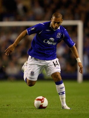 LIVERPOOL, UNITED KINGDOM - SEPTEMBER 18:  Evertons James Vaughan in action during the UEFA Cup first round, first leg match, between Everton and Standard Liege at Goodison Park,on September 18, 2008 in Liverpool, England.  (Photo by Clive Brunskill/Getty