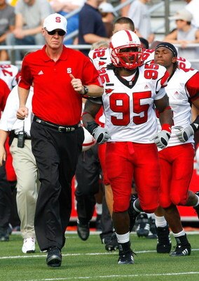 CHESTNUT HILL - SEPTEMBER 8:  Coach Tom O'Brien of the North Carolina Wolfpack leaves the field at half time during a game with the Boston College Eagles at Alumni Stadium September 8, 2007 in Chestnut Hill, Massachusetts. (Photo by Jim Rogash/Getty Image