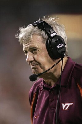 LANDOVER, MD - AUGUST 28:  Head Coach Frank Beamer of the Virginia Tech Hokies looks on against the University of Southern California Trojans during the Black Coaches Association Football Classic on August 28, 2004 at FedEx Field in Landover, Maryland.  U