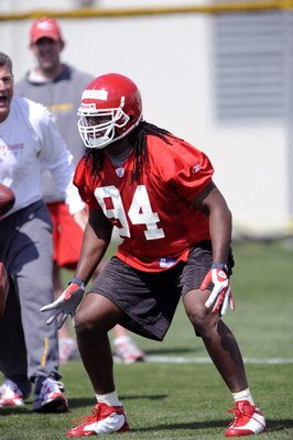 KANSAS CITY, MO - MAY 9:  First round draft choice Tyson Jackson #94 of the Kansas City Chiefs goes through a drill during rookie minicamp at the Chiefs practice facility on May 9, 2009 in Kansas City, Missouri. (Photo by G. Newman Lowrance/Getty Images)