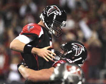 ATLANTA - DECEMBER 14: Quarterback Matt Ryan #2 of the Atlanta Falcons celebrates a touchdown against the Tampa Bay Buccaneers  at the Georgia Dome on December 14, 2008 in Atlanta, Georgia.  (Photo by Al Messerschmidt/Getty Images)
