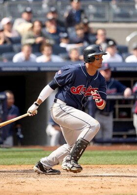 NEW YORK - APRIL 19:  Victor Martinez #41 of the Cleveland Indians bats against the New York Yankees at Yankee Stadium on April 19, 2009 in the Bronx borough of New York City.  (Photo by Ezra Shaw/Getty Images)