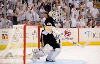 PITTSBURGH - JUNE 02:  Goaltender Marc-Andre Fleury #30 of the Pittsburgh Penguins celebrates a 4-2 win over the Detroit Red Wings during Game Three of the 2009 NHL Stanley Cup Finals on June 2, 2009 at Mellon Arena in Pittsburgh, Pennsylvania.  (Photo by