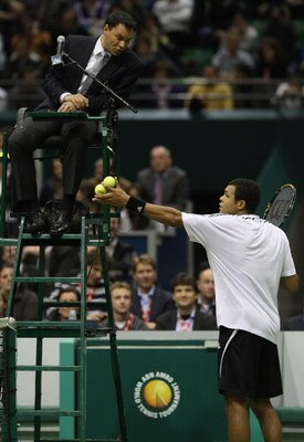 ROTTERDAM, NETHERLANDS - FEBRUARY 13:  Jo-Wilfried Tsonga of France argues with the umpire during his match against Rafael Nadal of Spain during day five of the ABN AMRO World Tennis Tournament at the Ahoy Centre Rotterdam on February 13, 2009 in Rotterda