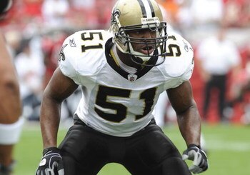 TAMPA, FL - NOVEMBER 30: Linebacker Jonathan Vilma #51 of the New Orleans Saints sets for play against the Tampa Bay Buccaneers at Raymond James Stadium on November 30, 2008 in Tampa, Florida.  (Photo by Al Messerschmidt/Getty Images) 