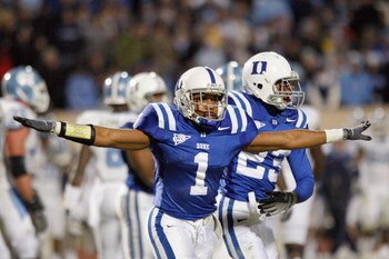 DURHAM, NC - NOVEMBER 29:  Jabari Marshall #1 of the Duke Blue Devils reacts on the field during the game against the North Carolina Tar Heels at Wallace Wade Stadium on November 29, 2008 in Durham, North Carolina. (Photo by Kevin C. Cox/Getty Images)
