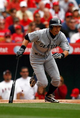 ANAHEIM, CA - MAY 31:  Ichiro Suzuki #51 of the Seattle Mariners hits a double in the first inning against the Los Angeles Angels of Anaheim at Angel Stadium on May 31, 2009 in Anaheim, California.  (Photo by Jeff Gross/Getty Images)